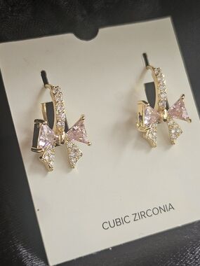 Gold Bow Earrings with Pink Cubic Zirconia Accents